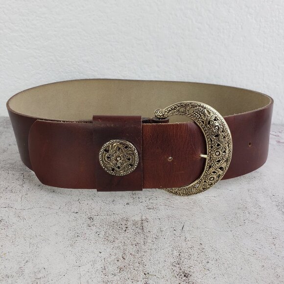 Vintage The RITZ Wide Leather Belt Brown Engraved Buckle Boho Western Whimsigoth - Picture 1 of 8